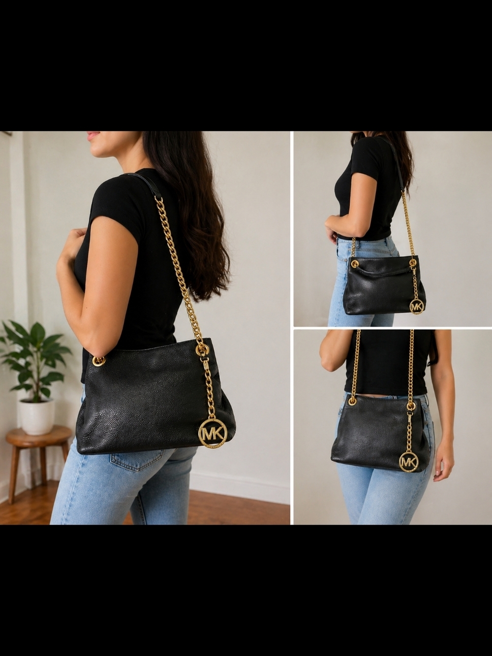 Michael Kors Black Pebbled Leather Shoulder Bag Gold Chain MK Charm🖤💛